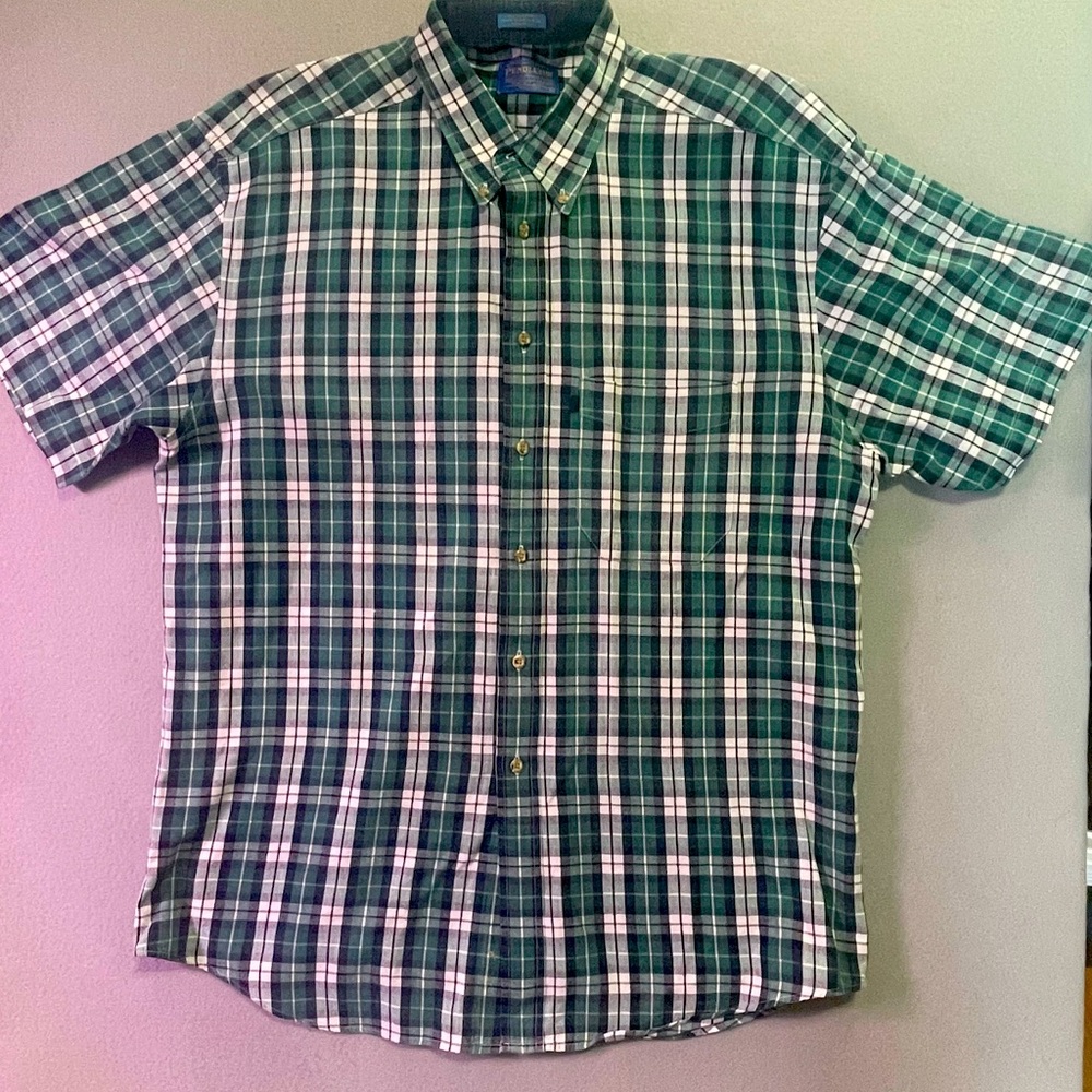 Pendleton Short Sleeve Button Shirt Size Large  Check Blue Green Cotton